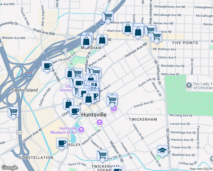 map of restaurants, bars, coffee shops, grocery stores, and more near 107 Lincoln Street Southeast in Huntsville