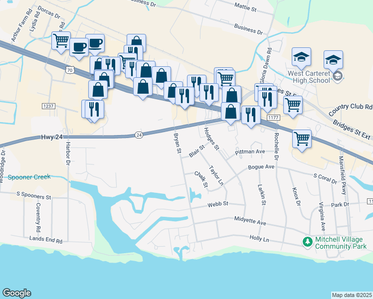 map of restaurants, bars, coffee shops, grocery stores, and more near 107 Bryan Street in Morehead City