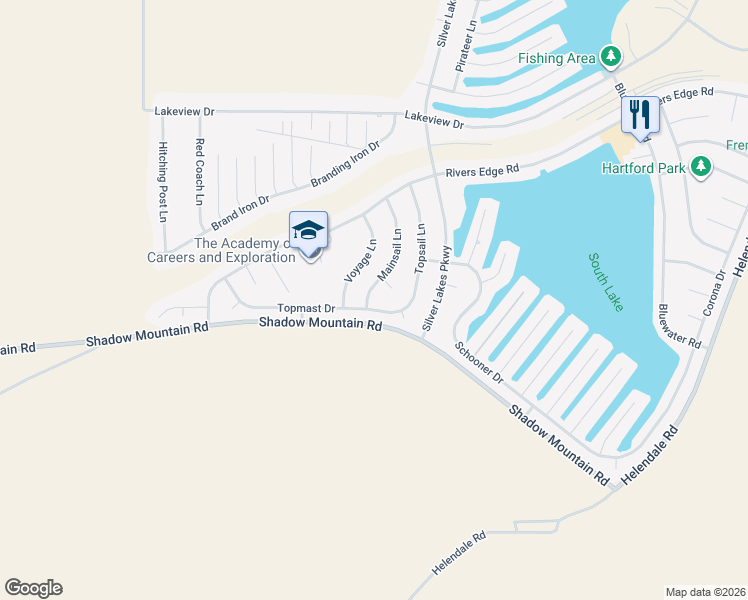 map of restaurants, bars, coffee shops, grocery stores, and more near 26501 Mainsail Lane in Helendale
