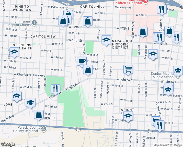 map of restaurants, bars, coffee shops, grocery stores, and more near 2410 Wright Avenue in Little Rock