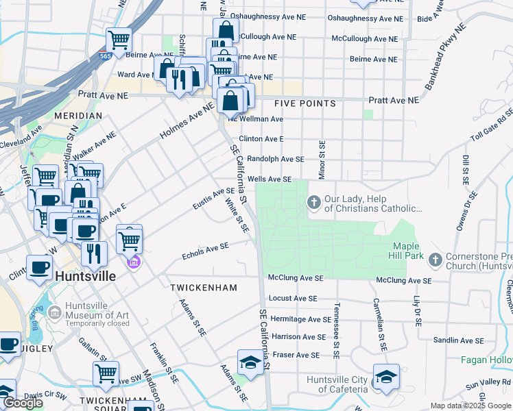 map of restaurants, bars, coffee shops, grocery stores, and more near 203 Maple Hill Street Southeast in Huntsville