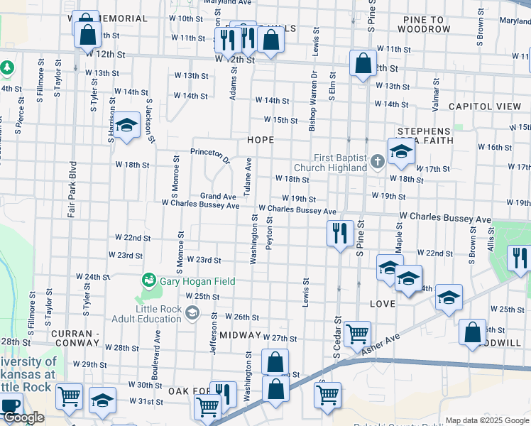map of restaurants, bars, coffee shops, grocery stores, and more near 2024 Peyton Street in Little Rock