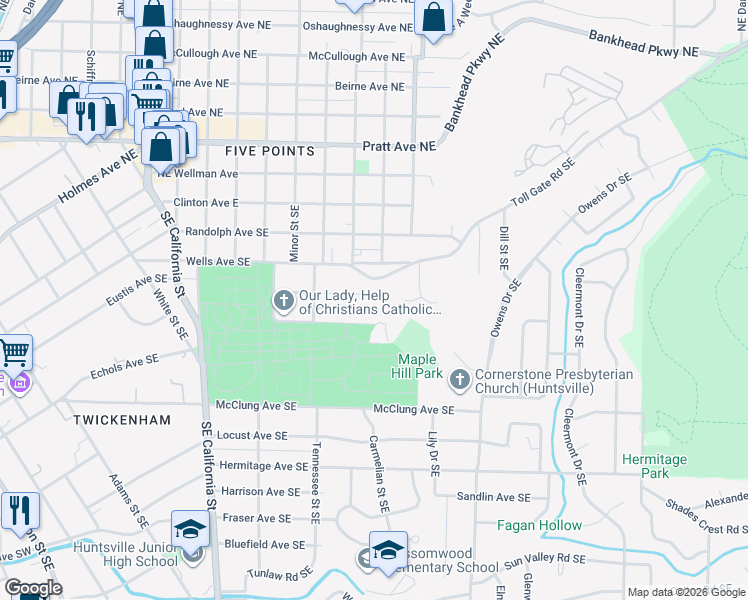 map of restaurants, bars, coffee shops, grocery stores, and more near 1423 Kingsbury Avenue Southeast in Huntsville