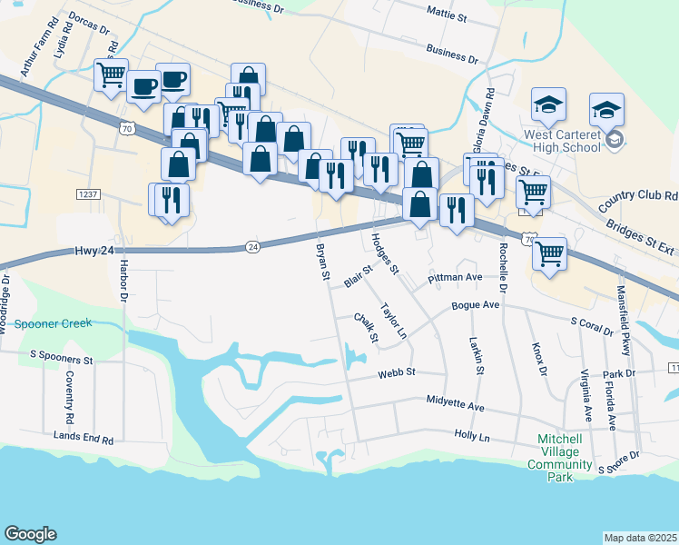 map of restaurants, bars, coffee shops, grocery stores, and more near 107 Bryan Street in Morehead City