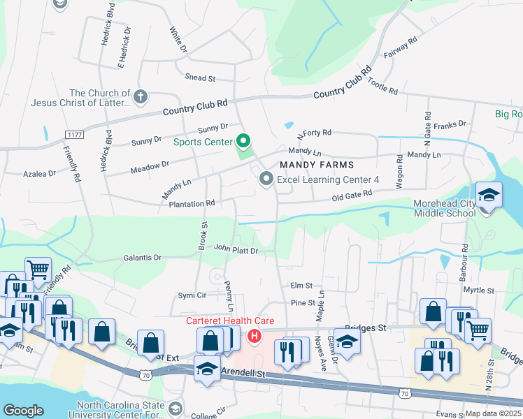 map of restaurants, bars, coffee shops, grocery stores, and more near 3510 John Platt Drive in Morehead City