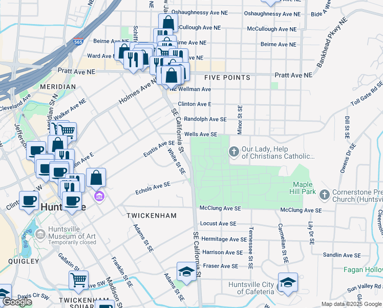 map of restaurants, bars, coffee shops, grocery stores, and more near 421 White Street Southeast in Huntsville