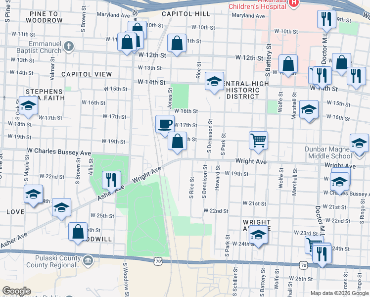 map of restaurants, bars, coffee shops, grocery stores, and more near 2410 Wright Avenue in Little Rock
