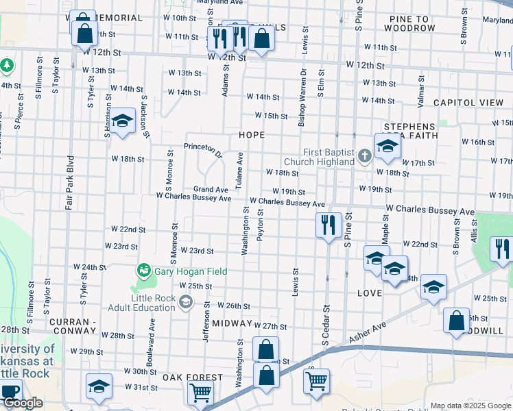 map of restaurants, bars, coffee shops, grocery stores, and more near 2024 Peyton Street in Little Rock