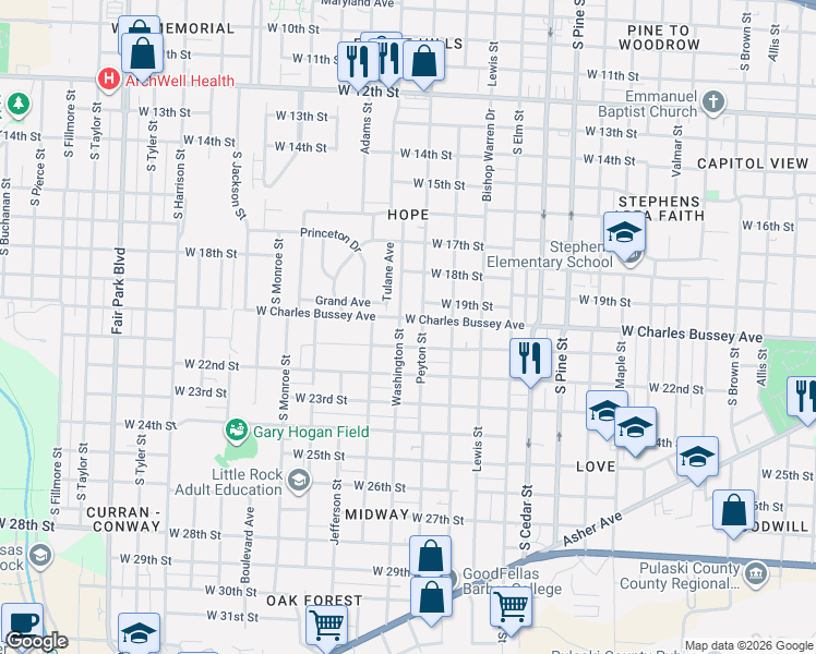 map of restaurants, bars, coffee shops, grocery stores, and more near 2024 Peyton Street in Little Rock