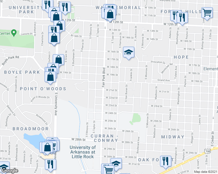 map of restaurants, bars, coffee shops, grocery stores, and more near 2100 South Tyler Street in Little Rock