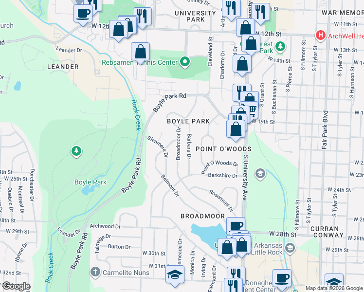 map of restaurants, bars, coffee shops, grocery stores, and more near 74 Broadmoor Drive in Little Rock
