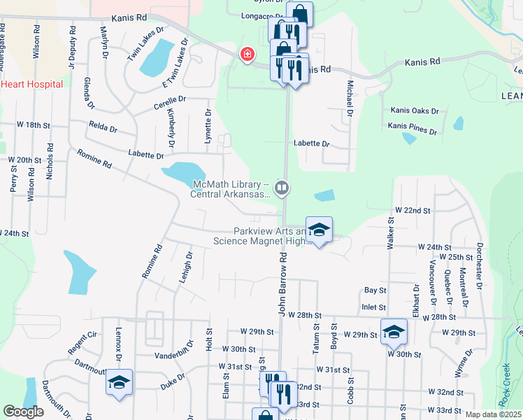 map of restaurants, bars, coffee shops, grocery stores, and more near 8916 Tanya Drive in Little Rock