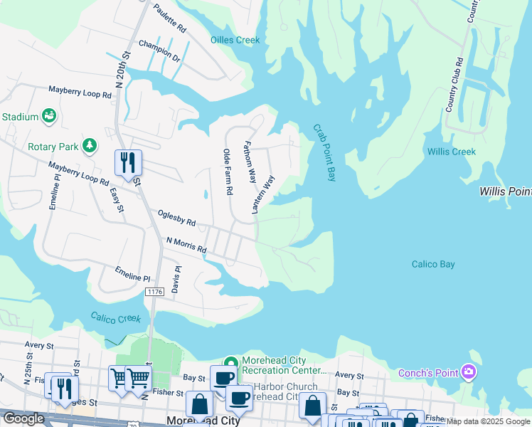 map of restaurants, bars, coffee shops, grocery stores, and more near Olde Farm Road in Morehead City