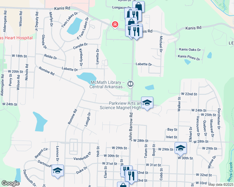 map of restaurants, bars, coffee shops, grocery stores, and more near 8916 Tanya Drive in Little Rock