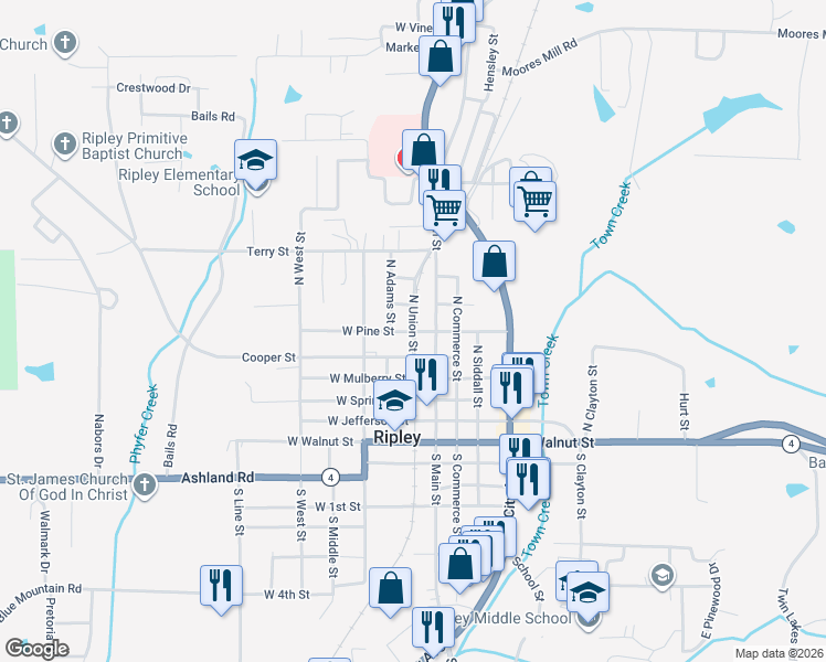 map of restaurants, bars, coffee shops, grocery stores, and more near 501 North Union Street in Ripley