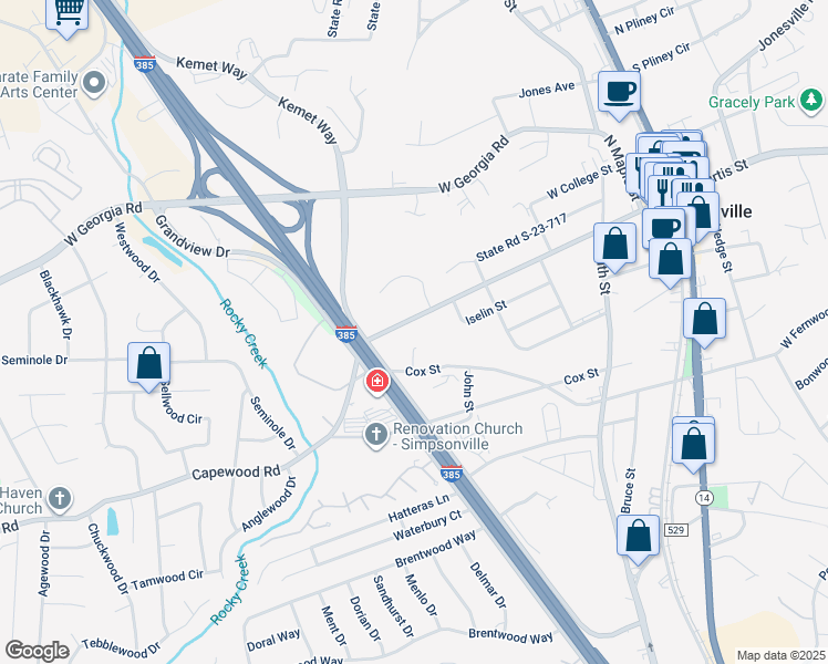 map of restaurants, bars, coffee shops, grocery stores, and more near 707 West Curtis Street in Simpsonville