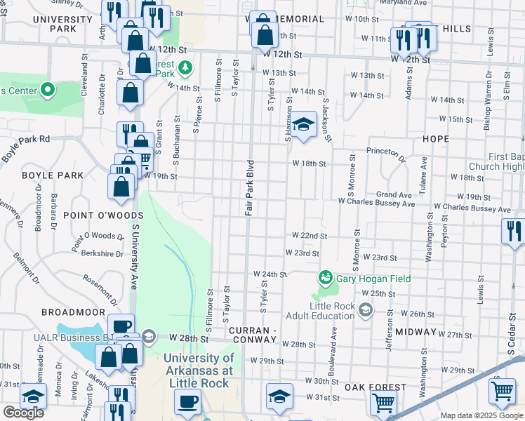 map of restaurants, bars, coffee shops, grocery stores, and more near 2100 South Tyler Street in Little Rock