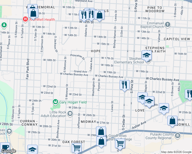 map of restaurants, bars, coffee shops, grocery stores, and more near 4420 East Charles Bussey Avenue in Little Rock