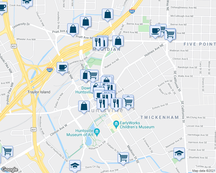 map of restaurants, bars, coffee shops, grocery stores, and more near in Huntsville