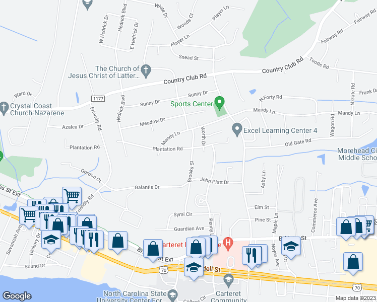 map of restaurants, bars, coffee shops, grocery stores, and more near 533 Brook Street in Morehead City