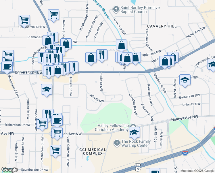 map of restaurants, bars, coffee shops, grocery stores, and more near 416 Julia Street Northwest in Huntsville