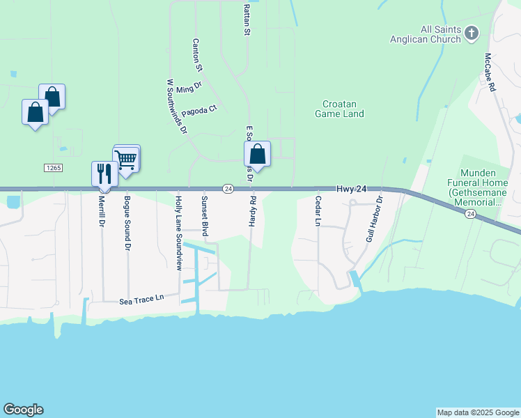 map of restaurants, bars, coffee shops, grocery stores, and more near 405 Hardy Road in Newport