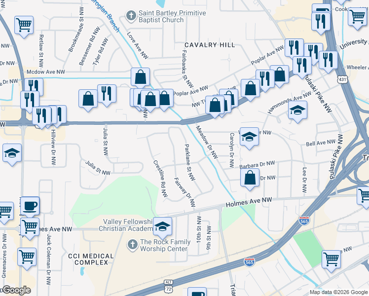 map of restaurants, bars, coffee shops, grocery stores, and more near 1018 Parklane Street Northwest in Huntsville