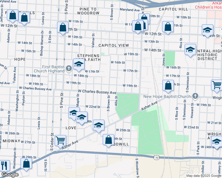 map of restaurants, bars, coffee shops, grocery stores, and more near 1821 Brown Street in Little Rock
