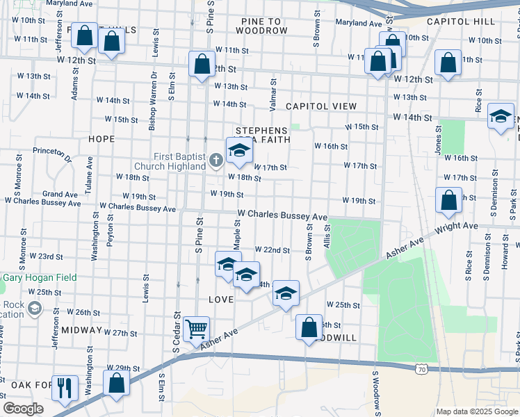 map of restaurants, bars, coffee shops, grocery stores, and more near 1824 Valmar Street in Little Rock