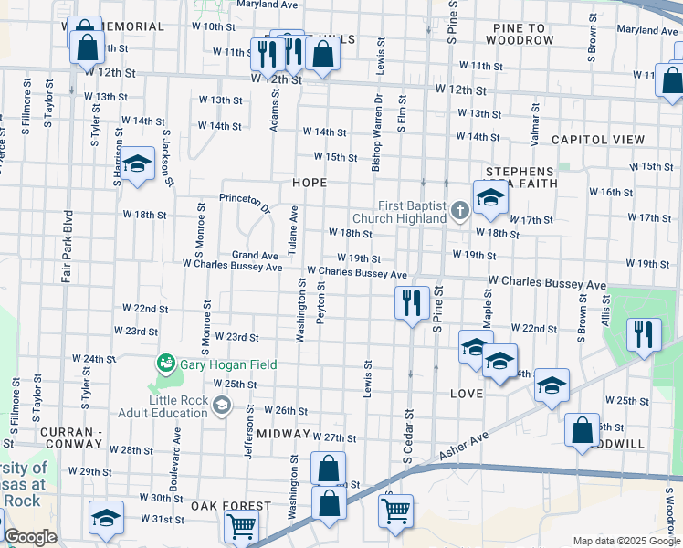 map of restaurants, bars, coffee shops, grocery stores, and more near 1824 Abigail Street in Little Rock