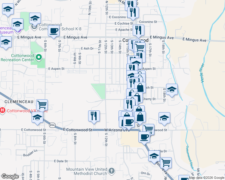 map of restaurants, bars, coffee shops, grocery stores, and more near 355 South 12th Street in Cottonwood