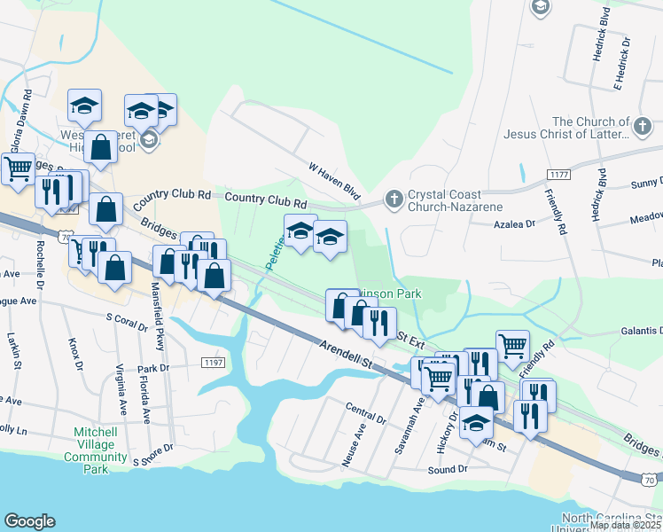 map of restaurants, bars, coffee shops, grocery stores, and more near 4409 Country Club Road in Morehead City