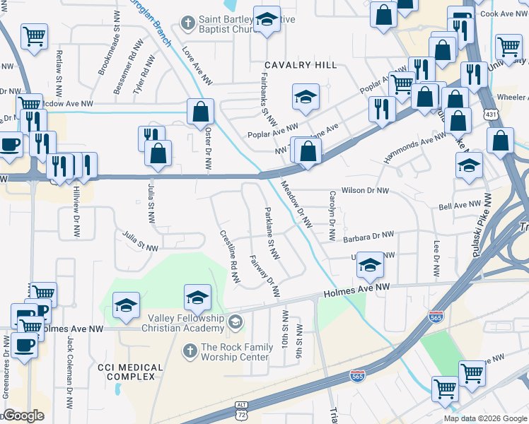 map of restaurants, bars, coffee shops, grocery stores, and more near 1018 Parklane Street Northwest in Huntsville