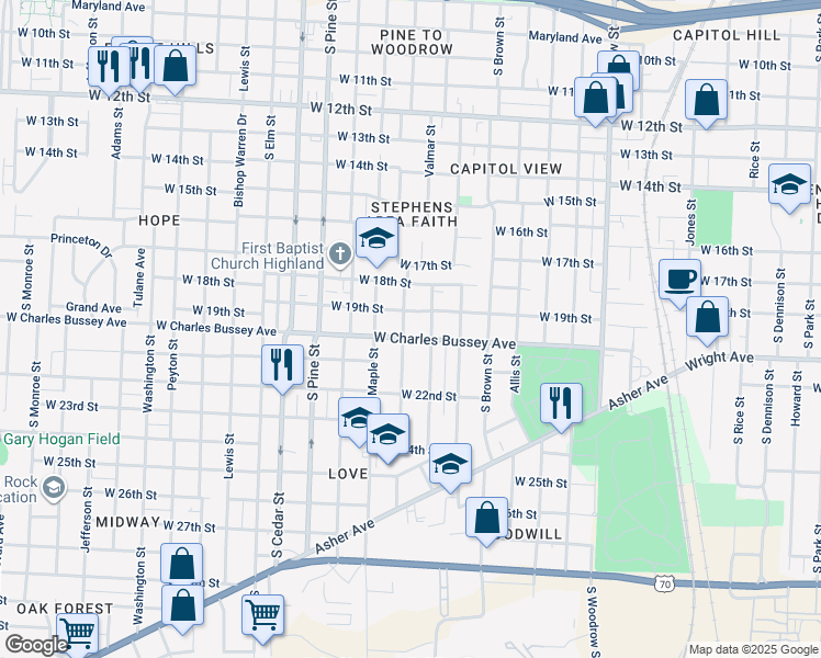 map of restaurants, bars, coffee shops, grocery stores, and more near 1824 Valmar Street in Little Rock
