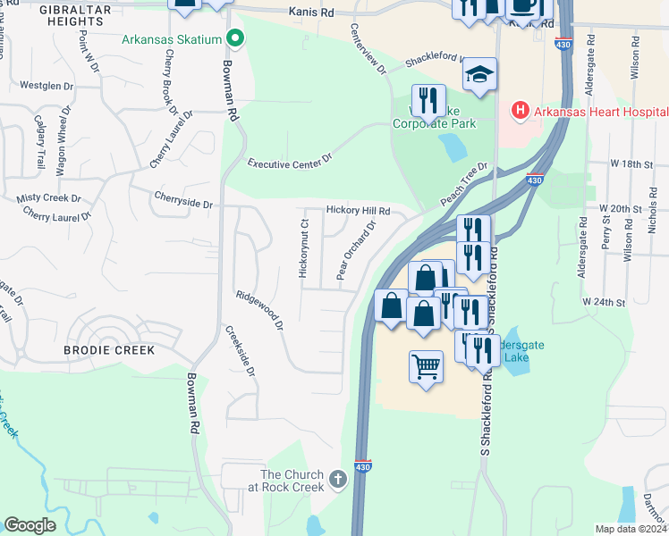 map of restaurants, bars, coffee shops, grocery stores, and more near 2402 Pear Orchard Drive in Little Rock