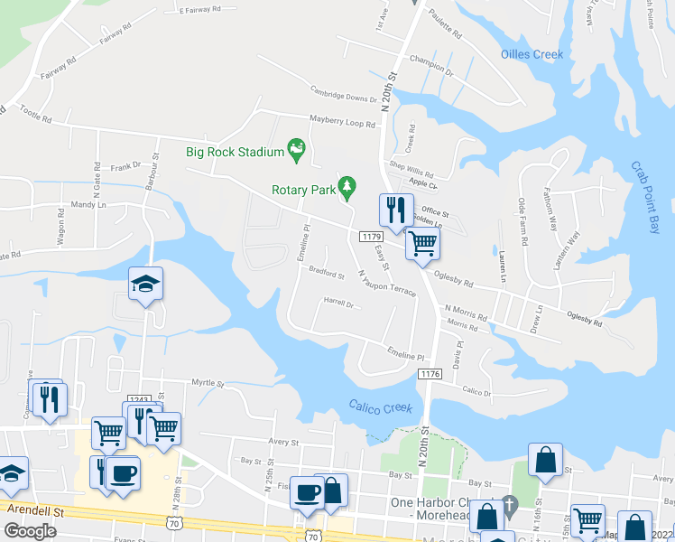 map of restaurants, bars, coffee shops, grocery stores, and more near 2403 Bradford Street in Morehead City