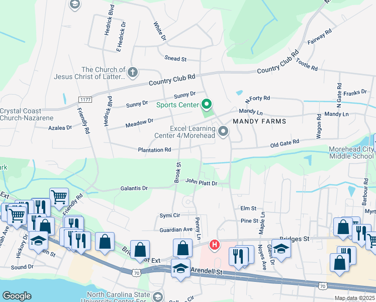 map of restaurants, bars, coffee shops, grocery stores, and more near 505 Worth Drive in Morehead City
