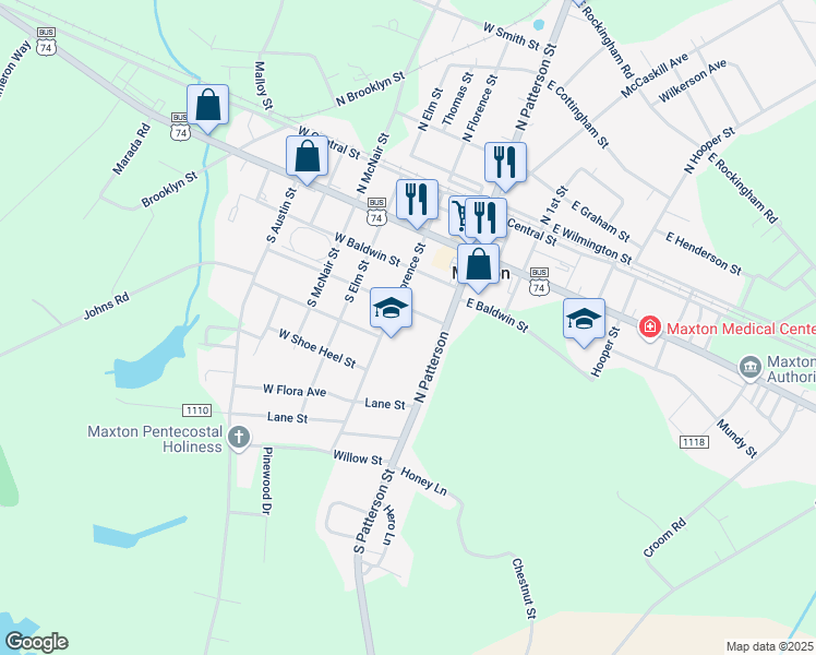 map of restaurants, bars, coffee shops, grocery stores, and more near 105 West Carolina Street in Maxton