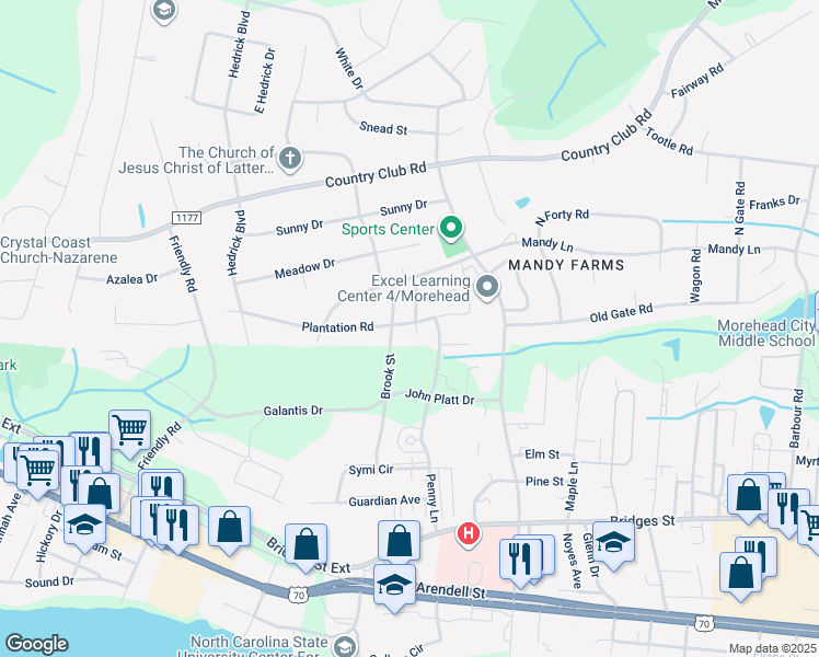 map of restaurants, bars, coffee shops, grocery stores, and more near 505 Worth Drive in Morehead City