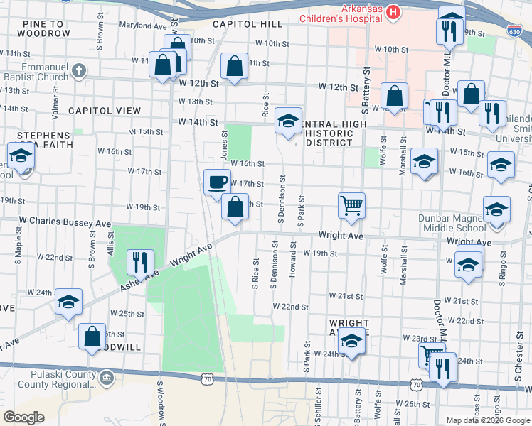 map of restaurants, bars, coffee shops, grocery stores, and more near 2306 West 18th Street in Little Rock