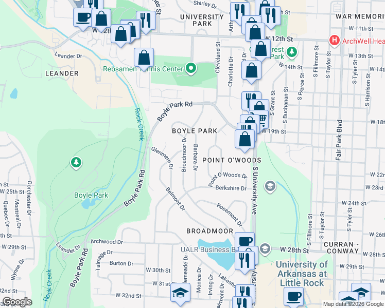 map of restaurants, bars, coffee shops, grocery stores, and more near 90 Broadmoor Drive in Little Rock