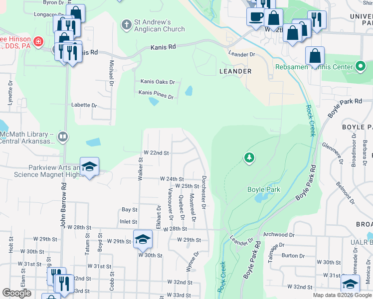 map of restaurants, bars, coffee shops, grocery stores, and more near 7900 Deerwood Drive in Little Rock