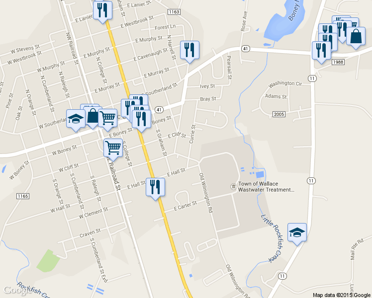 map of restaurants, bars, coffee shops, grocery stores, and more near 216 Currie Street in Wallace