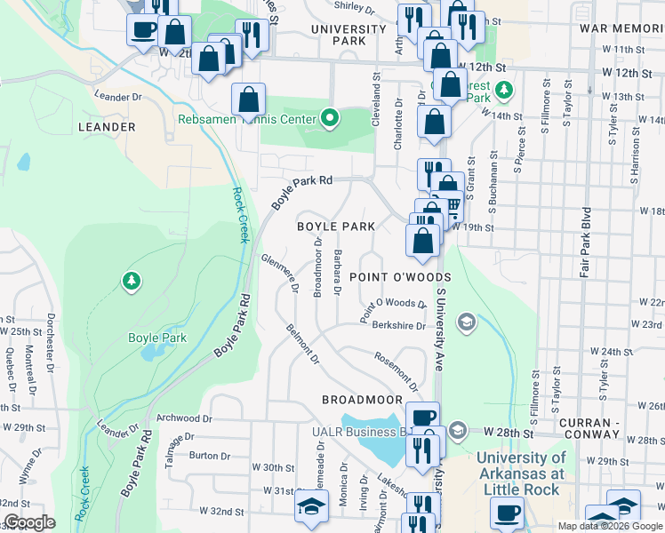 map of restaurants, bars, coffee shops, grocery stores, and more near 90 Broadmoor Drive in Little Rock