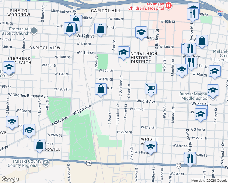 map of restaurants, bars, coffee shops, grocery stores, and more near 2306 West 18th Street in Little Rock