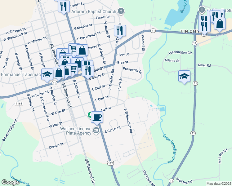 map of restaurants, bars, coffee shops, grocery stores, and more near 216 Currie Street in Wallace