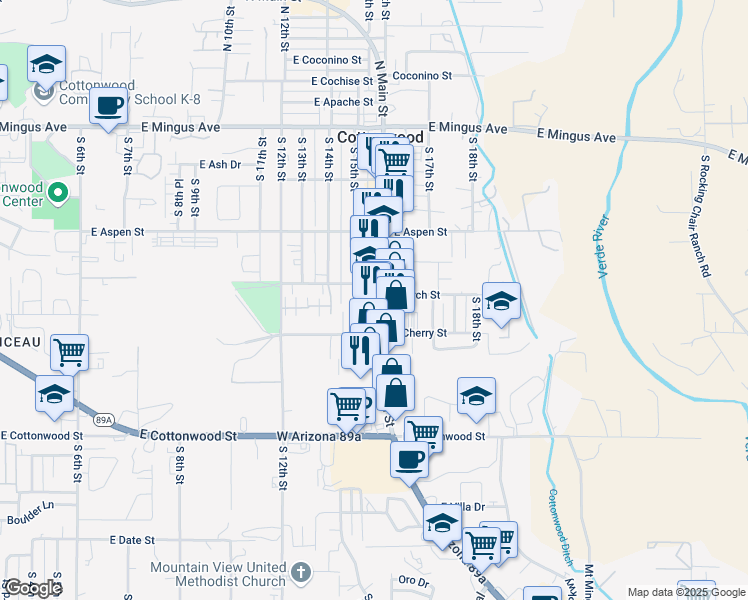 map of restaurants, bars, coffee shops, grocery stores, and more near 320 South Main Street in Cottonwood