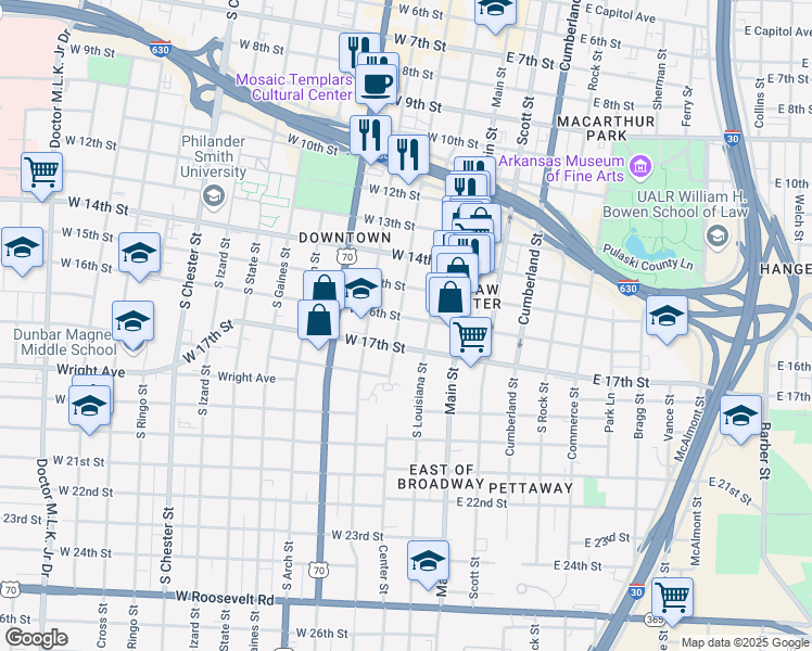 map of restaurants, bars, coffee shops, grocery stores, and more near 1605 Center Street in Little Rock