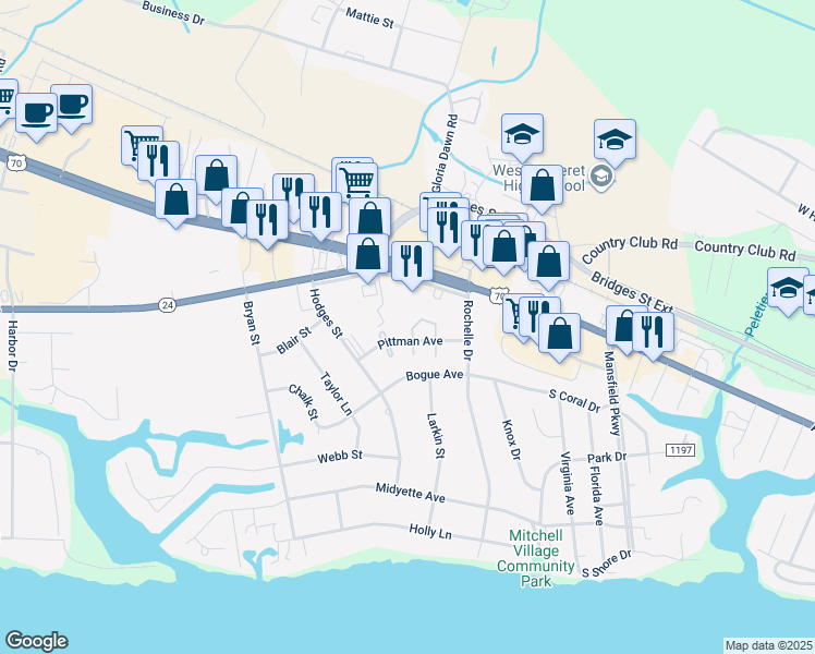 map of restaurants, bars, coffee shops, grocery stores, and more near 138 Willow Pond Drive in Morehead City