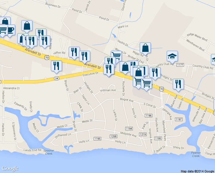 map of restaurants, bars, coffee shops, grocery stores, and more near 138 Willow Pond Drive in Morehead City